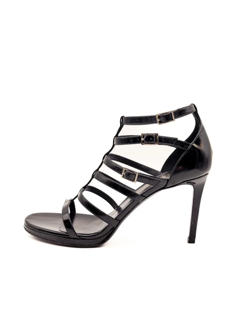 Saint Laurent Strappy Buckle Black Patent Leather Heels EU 37.5
